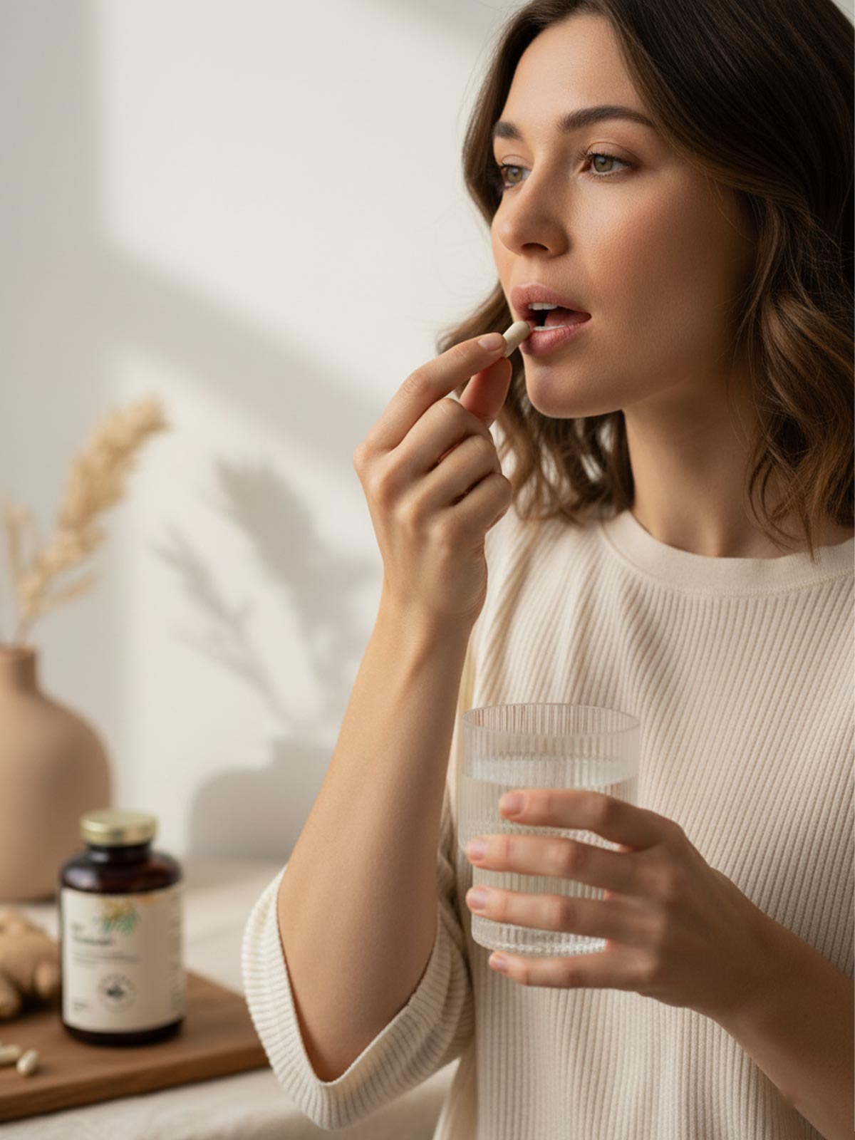Frau nimmt Shatavari Kapsel mit einem Glas Wasser ein – hochwertige pflanzliche Nahrungsergänzung von Kurkraft