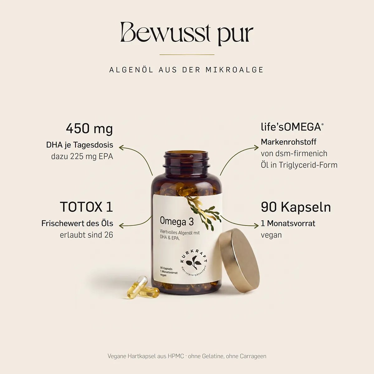 Omega 3 Algenöl Kapseln vegan von KURKRAFT: geöffnete Braunglas-Dose mit Golddeckel, 450 mg DHA und 225 mg EPA je Tagesdosis, Triglycerid-Form, 90 Stück.