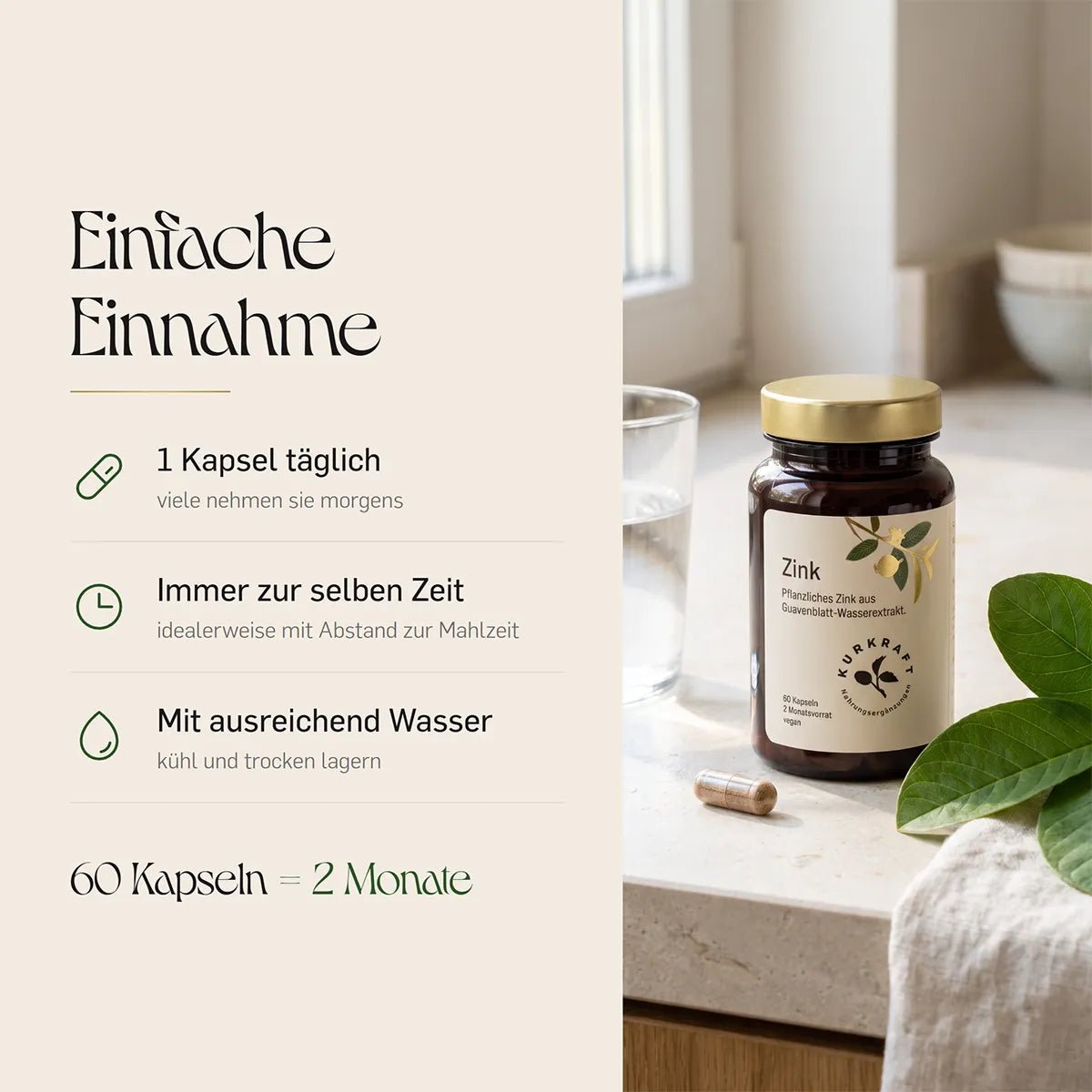 Zink Kapseln von KURKRAFT – Einnahme: 1 Stück täglich zur gleichen Zeit mit Abstand zur Mahlzeit und Wasser. Dose am Fenster, Vorrat für 2 Monate.