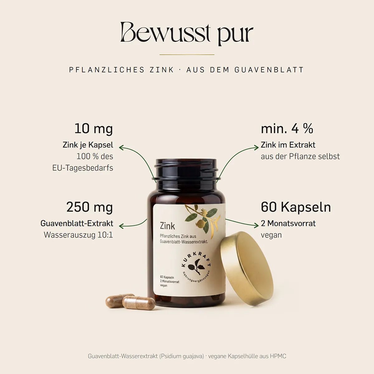 Pflanzliches Zink aus dem Guavenblatt: 10 mg je Kapsel, 100 % des EU-Tagesbedarfs, 250 mg Extrakt als Wasserauszug 10:1 – KURKRAFT Dose, 60 Stück, vegan.