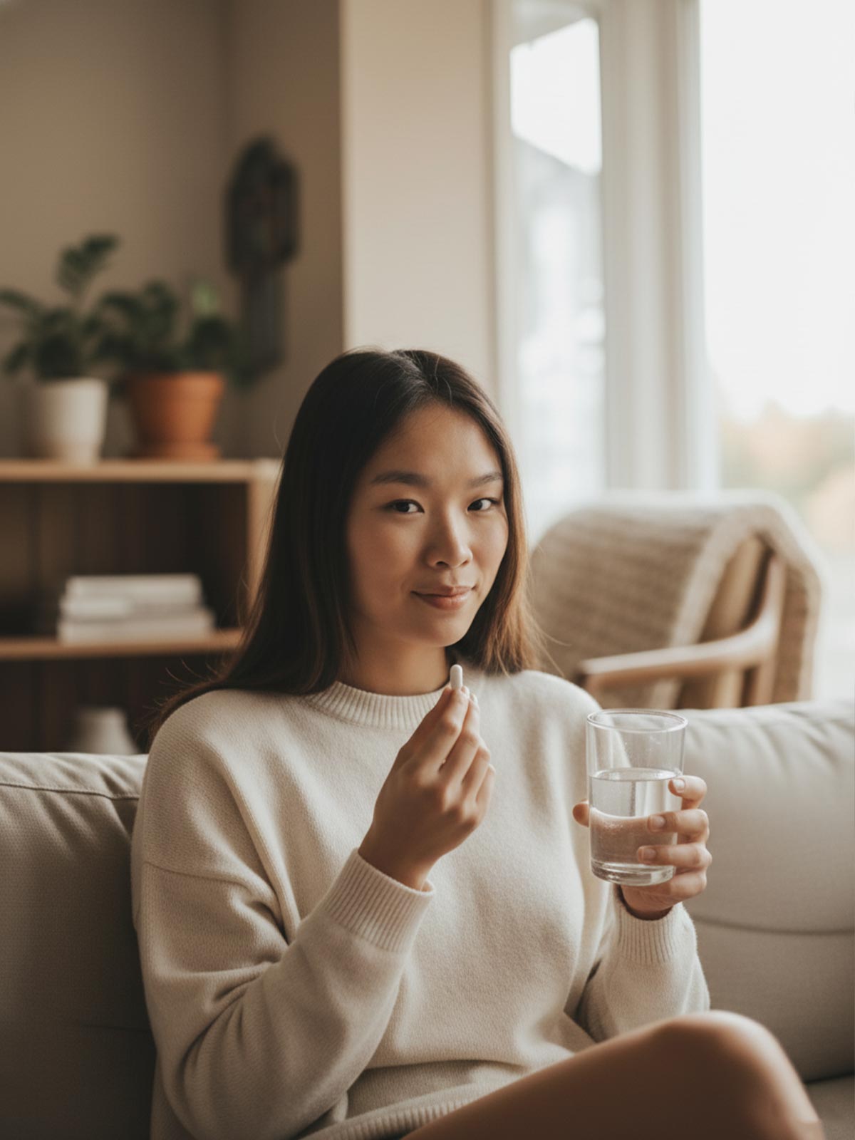 Frau sitzt entspannt auf dem Sofa und hält ein Glas Wasser sowie eine Kapsel in der Hand