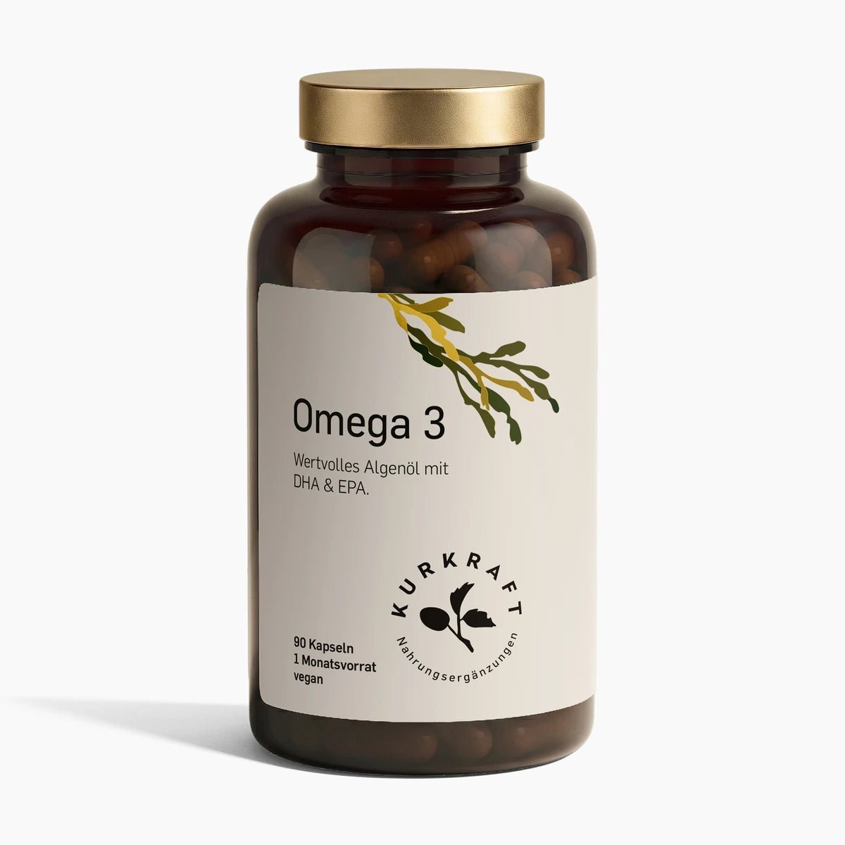 Omega 3 Algenöl Kapseln von Kurkraft, Braunglas mit goldenem Deckel: vegane Kapseln mit DHA und EPA aus der Mikroalge, 90 Kapseln als Monatsvorrat