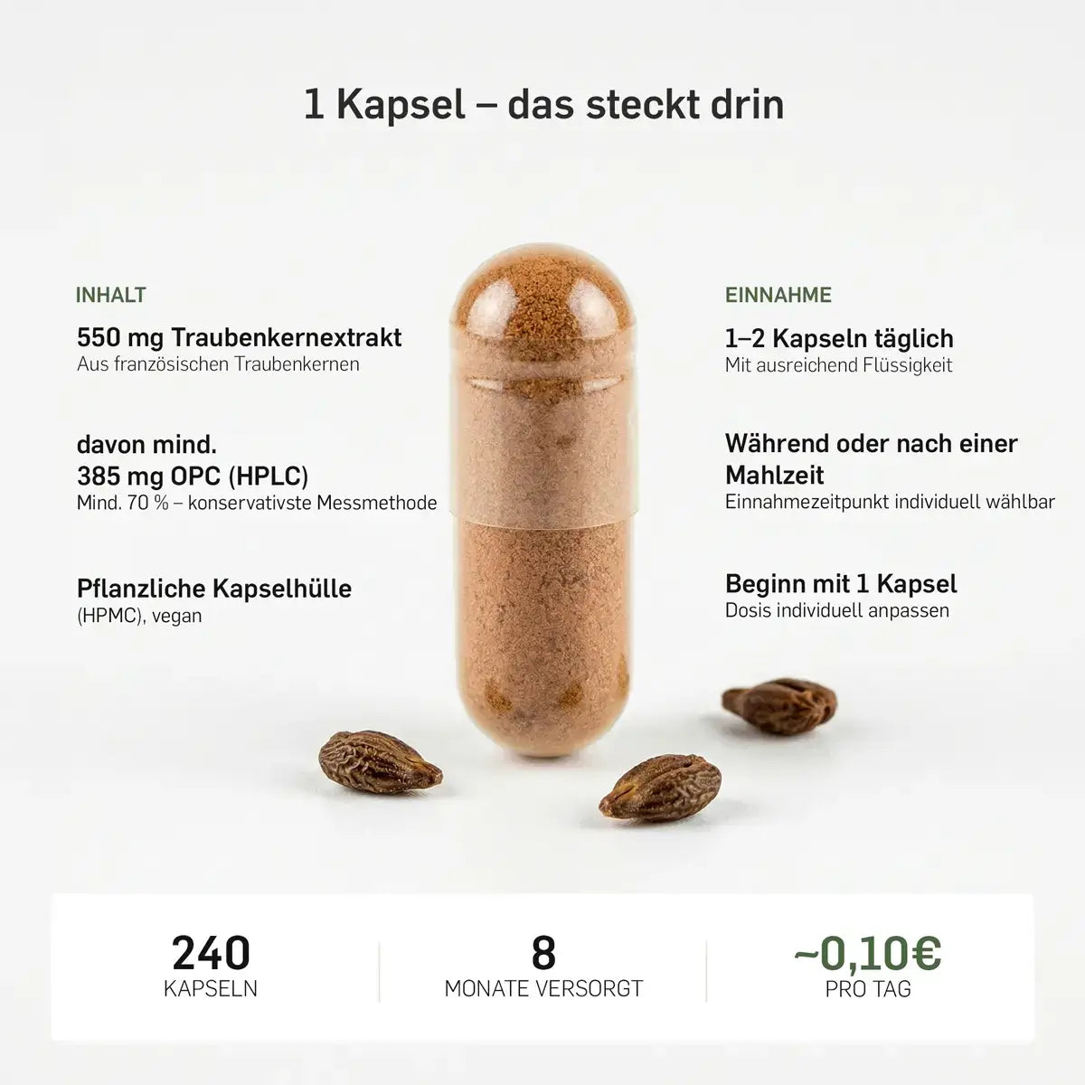OPC Kapselinhalt: 550 mg Traubenkernextrakt, davon 385 mg OPC nach HPLC, vegane Hülle. Einnahme 1–2 täglich, 240 Kapseln für 8 Monate.