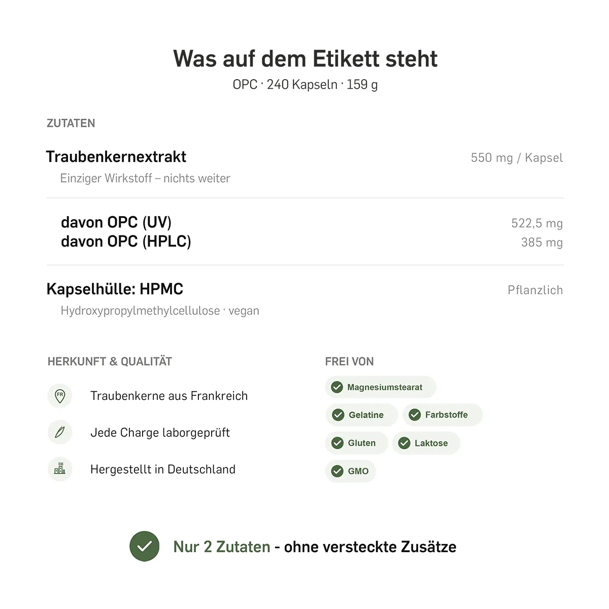 Zutatenliste OPC Traubenkernextrakt: 550 mg pro Kapsel, nur 2 Zutaten, französische Traubenkerne, laborgeprüft, hergestellt in Deutschland.